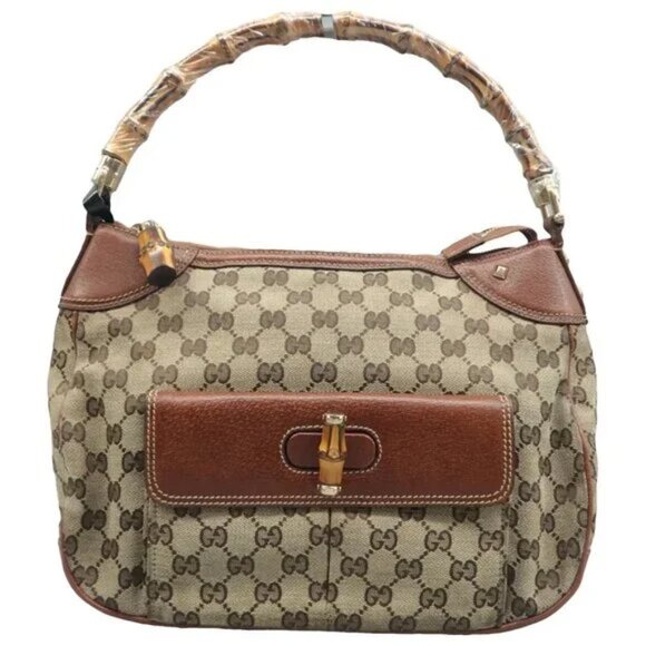 100% Authentic GUCCI GG Brown Cloth Shoulder Bag - Picture 1 of 12